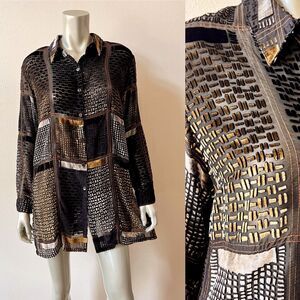 VTG Chico's Design Burnout Velvet Patchwork Button Up Shirt Medium Sheer Top